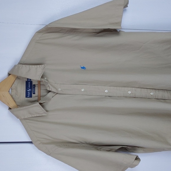 Ralph Lauren Men's Tan/ Khaki Short Sleeve Shirt Neutral Blue Pony Comfort Sz.XL - Picture 2 of 9